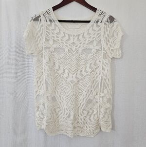 Ellie & Kate Short Sleeve Scoop Neck Sheer Blouse in Off-White Cream Lace Size S